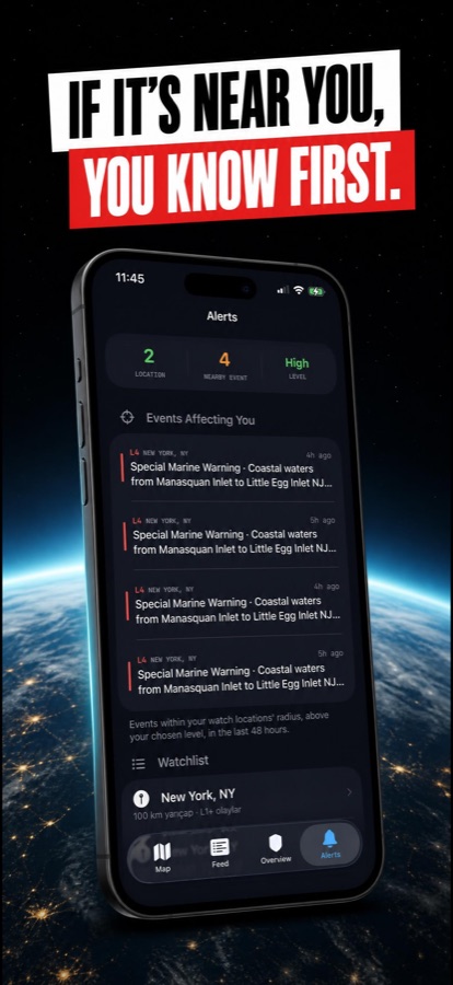 WorldPulse alerts screen listing events affecting the user's watch locations