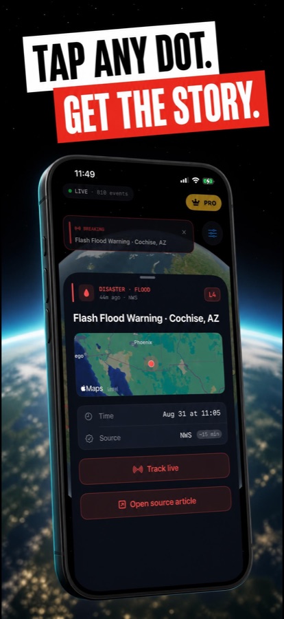 WorldPulse event detail for a flash flood warning, showing the location map, time, source and a link to the source article