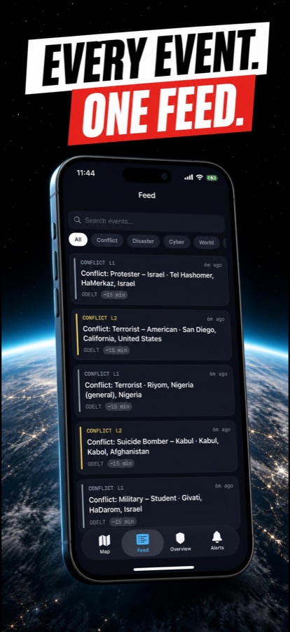 WorldPulse event feed listing conflict events with severity labels, sources and timestamps