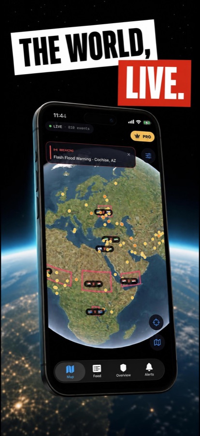 WorldPulse live world map showing a 3D globe with colour-coded event pins and conflict zone outlines